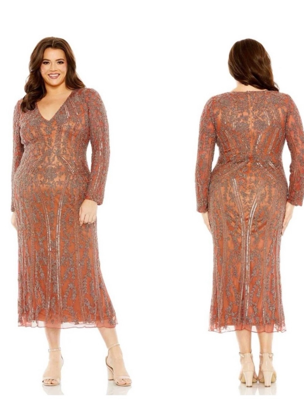 Mac Duggal Copper Sequin V-Neck Midi Dress